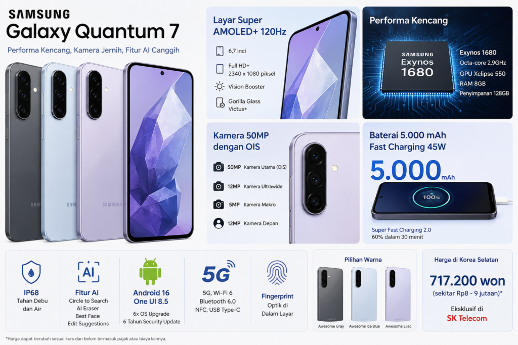 Spesifikasi Samsung Galaxy Quantum 7: Resmi Rilis dengan Membawa Layar 120Hz, Exynos 1680, Kamera 50MP dan Baterai 5.000 mAh