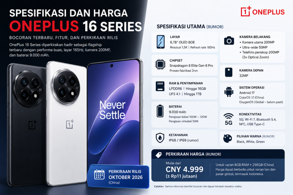Spesifikasi dan Harga OnePlus 16 Series: Bocoran Terbaru, Fitur, dan Perkiraan Rilis