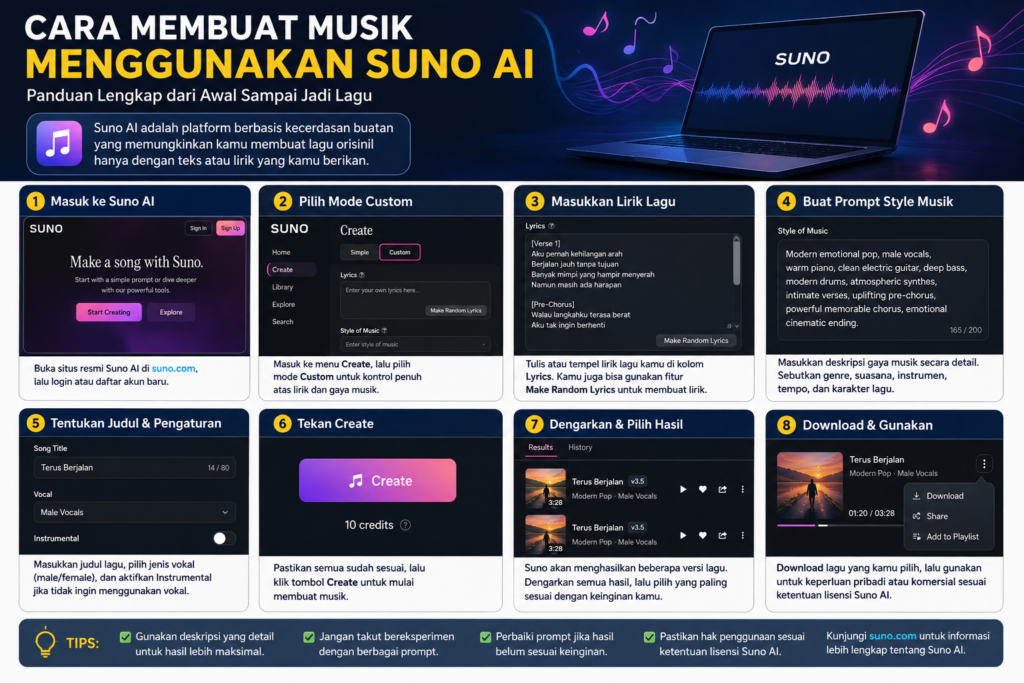 Cara Membuat Musik Menggunakan Suno AI, Panduan Lengkap dari Awal Sampai Jadi Lagu